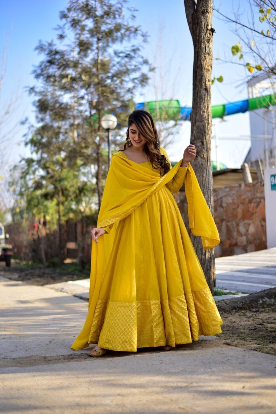yellow bubble chanderi maxi set
