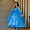 blue marble printed organza suit set