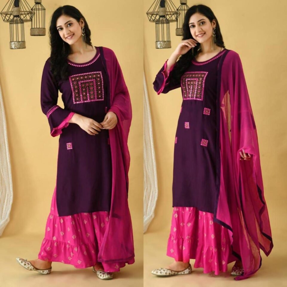 Women's Rayon Embroidery work Kurta With Sharara Dupatta Set
